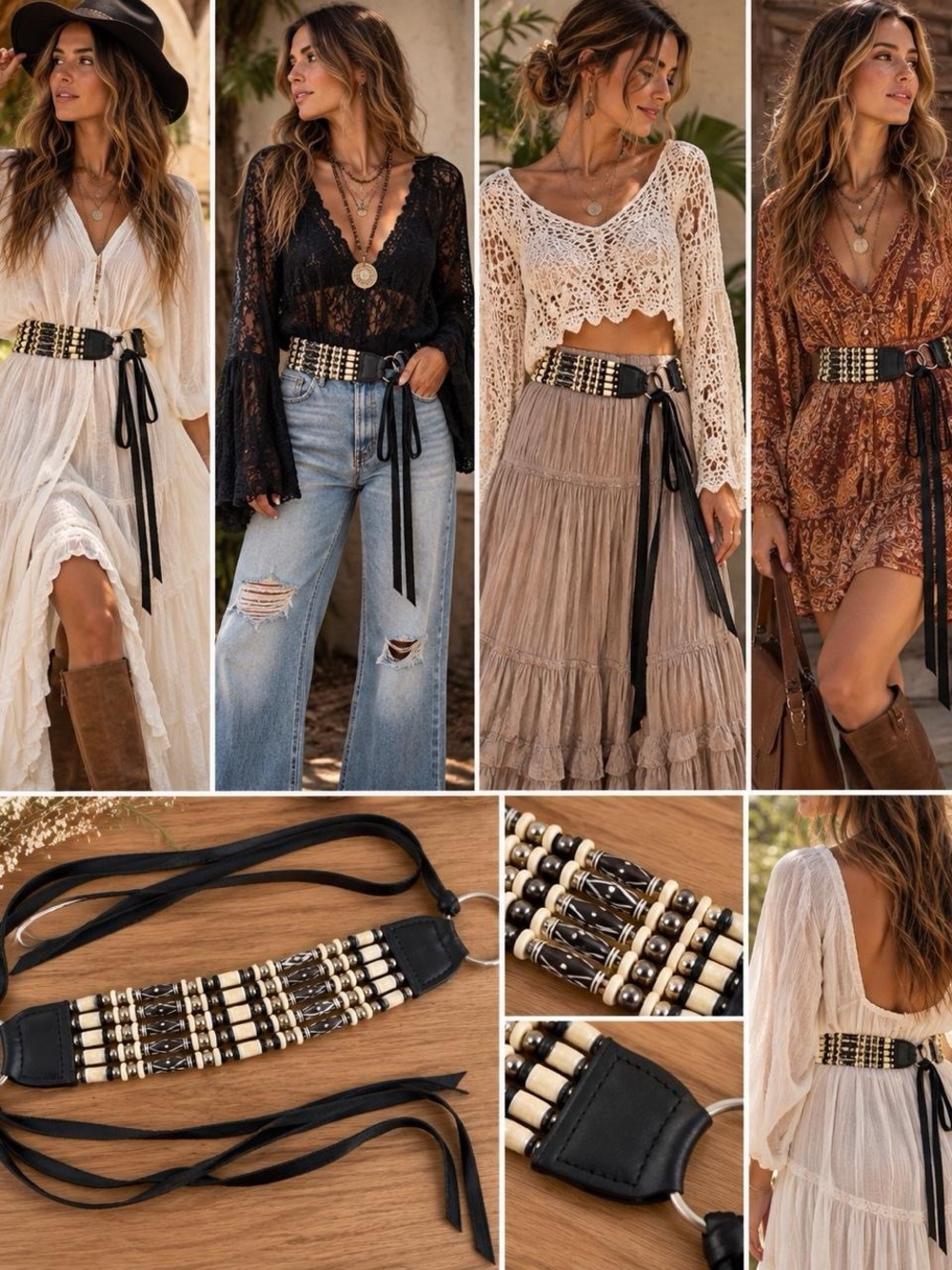 Boho Beaded Waist Belt Black Ivory Multi Strand Statement Tie Belt WHBM